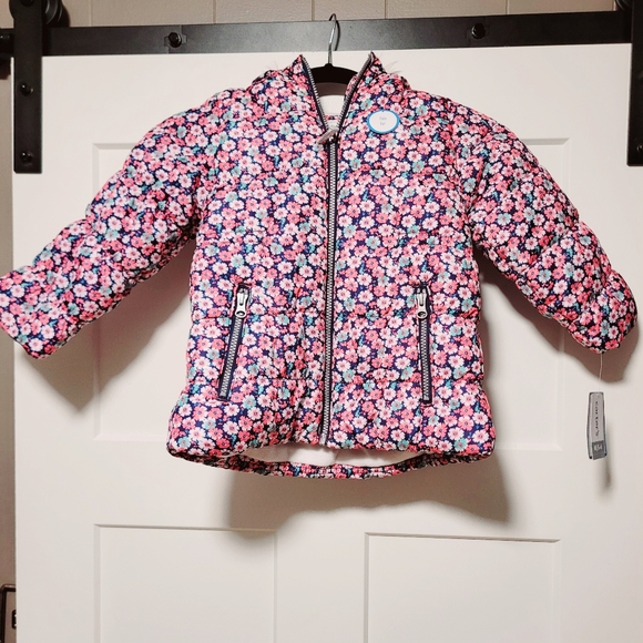Carter's Girls Floral Puffer Coat Faux Fur Trim Hood Full Zip Sz M 5/6 Winter - Picture 1 of 10
